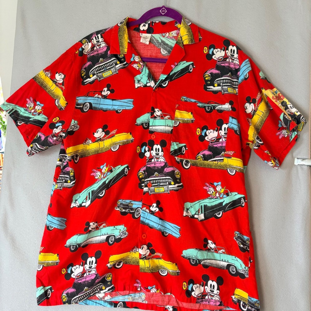 Vintage Mickey & Co J.G. Hook Red Hawaiian Shirt Mickey Mouse Cars Men Medium
